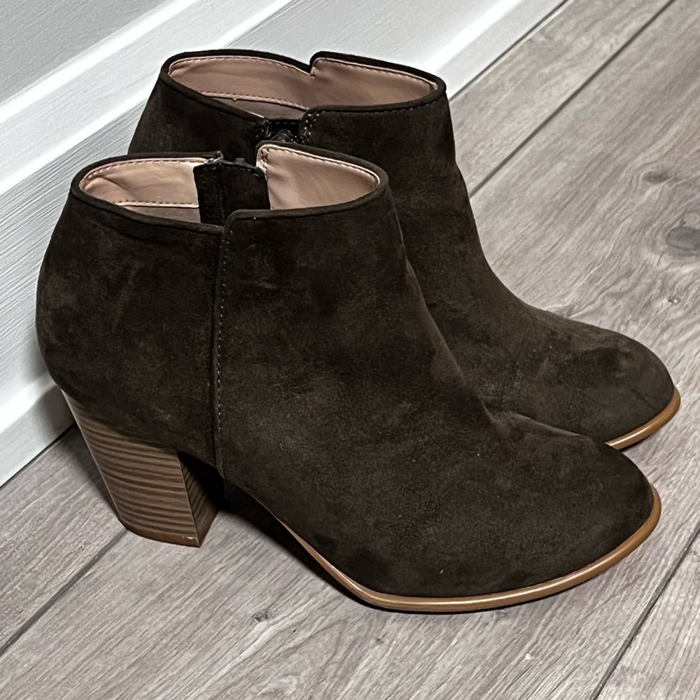 Olive Suede Heeled Booties